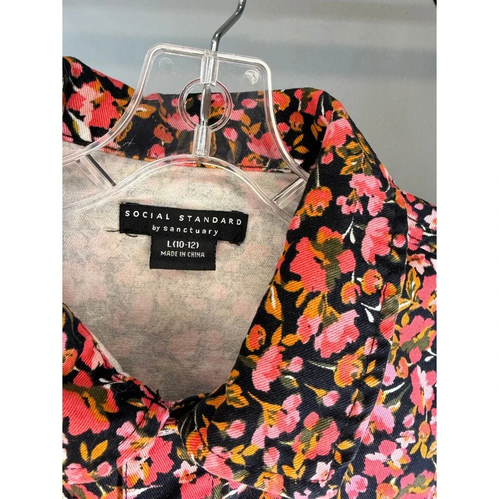 Social Standard Sanctuary Girls Floral Denim Jacket Pink Orng Blck L 10-12 0386